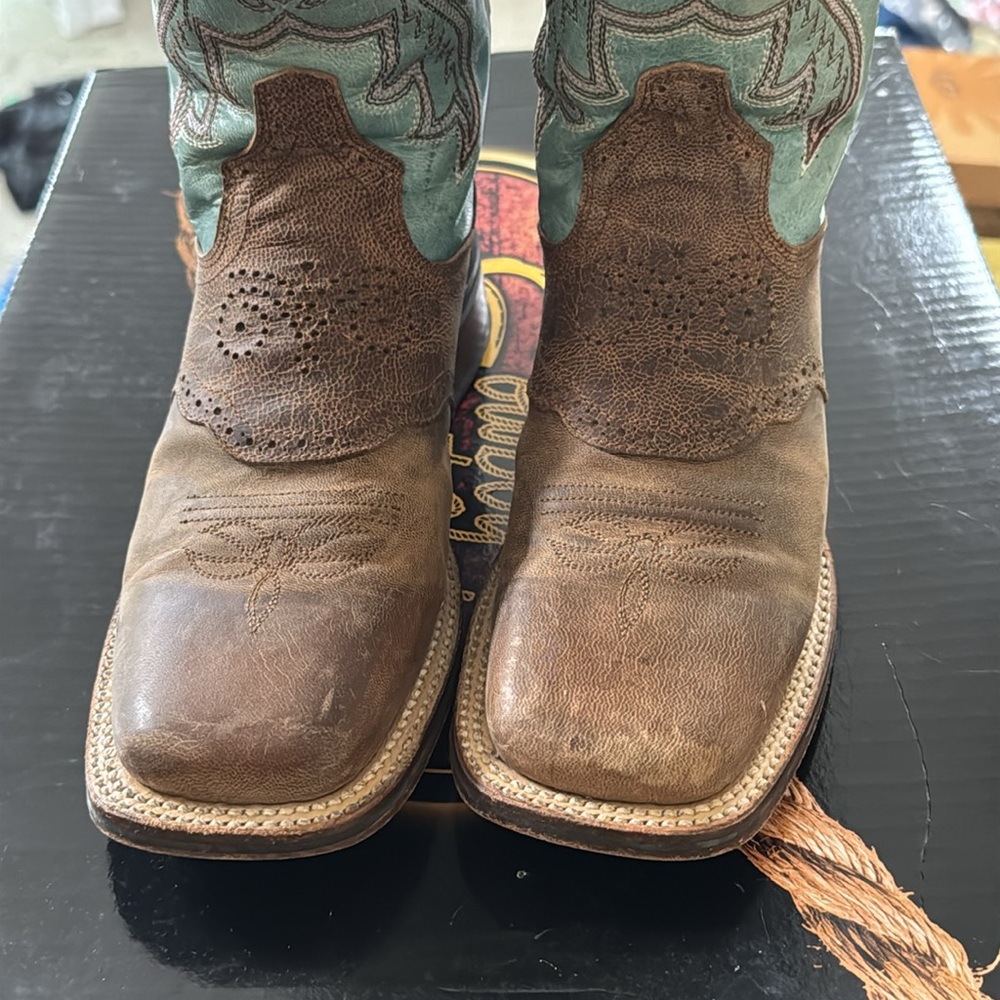 Dan Post Women’s Sand And Blue Square‎ Toe Cowboy Boots Size 6.5 Western Rodeo - Picture 2 of 8